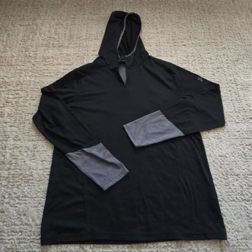 Under Armour Mens Fitted 1/4 Zip Pullover Running Hoodie Black Gray L